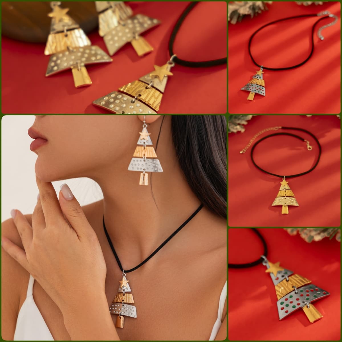 Conjunto collar y aretes navideños con árbol