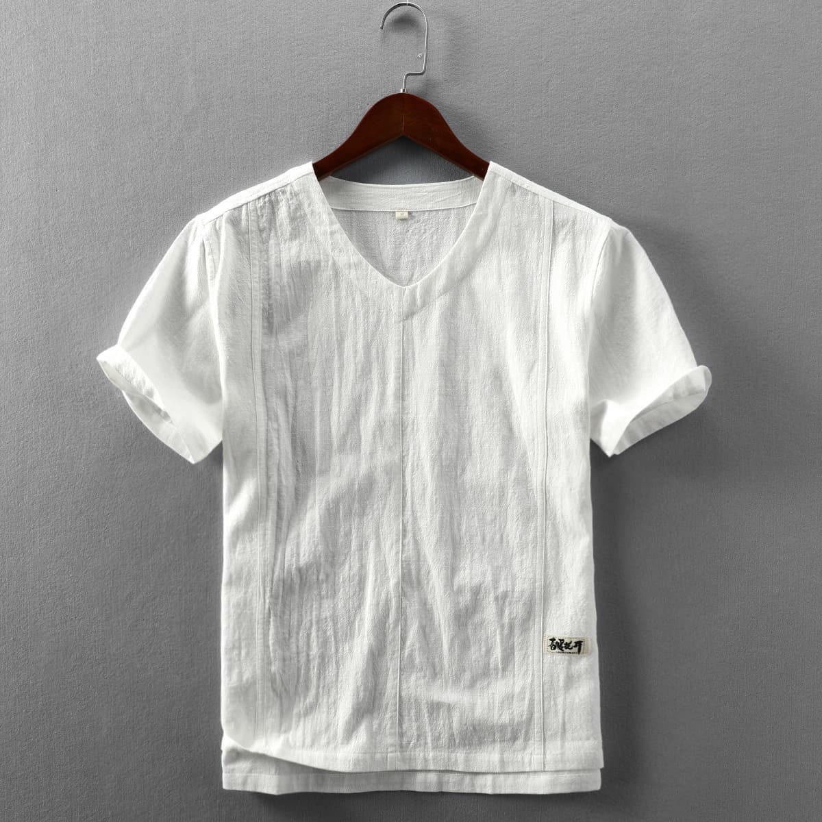 Camiseta lino manga corta escote V casual pulóver