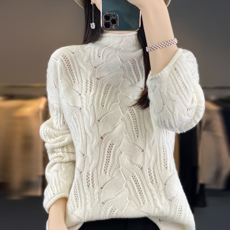 Suéter cuello alto tejido hueco para otoño invierno