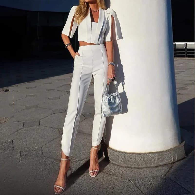 Conjunto de blusa y pantalón recto cintura alta