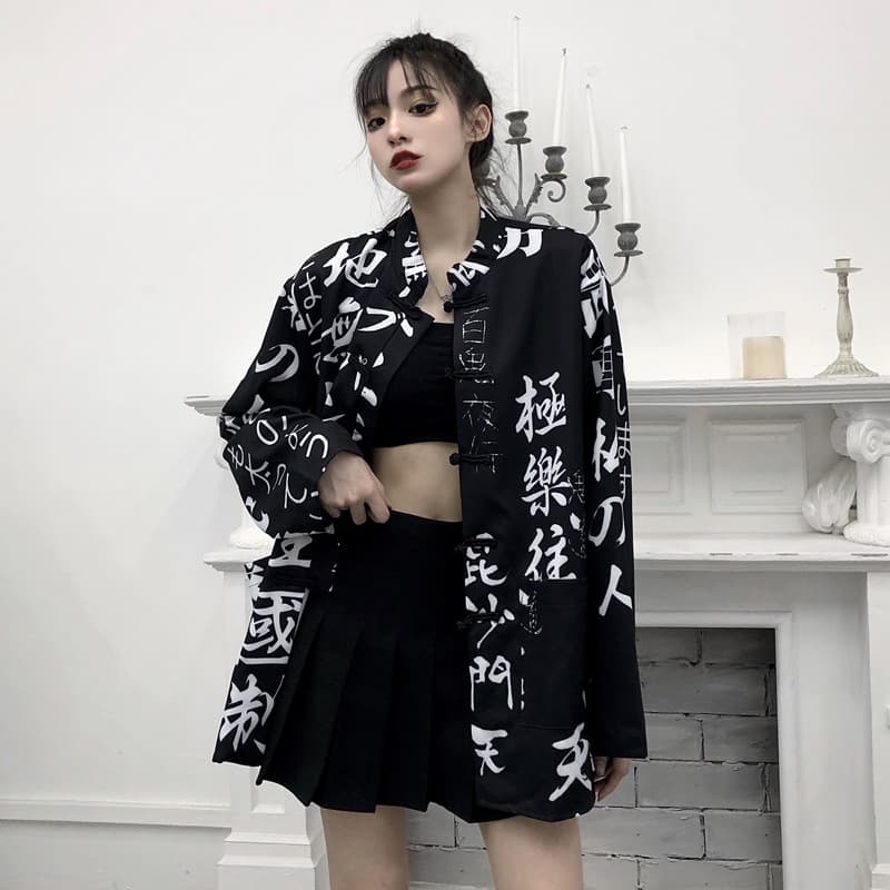 Camisa impresa estilo chino de manga larga para mujer