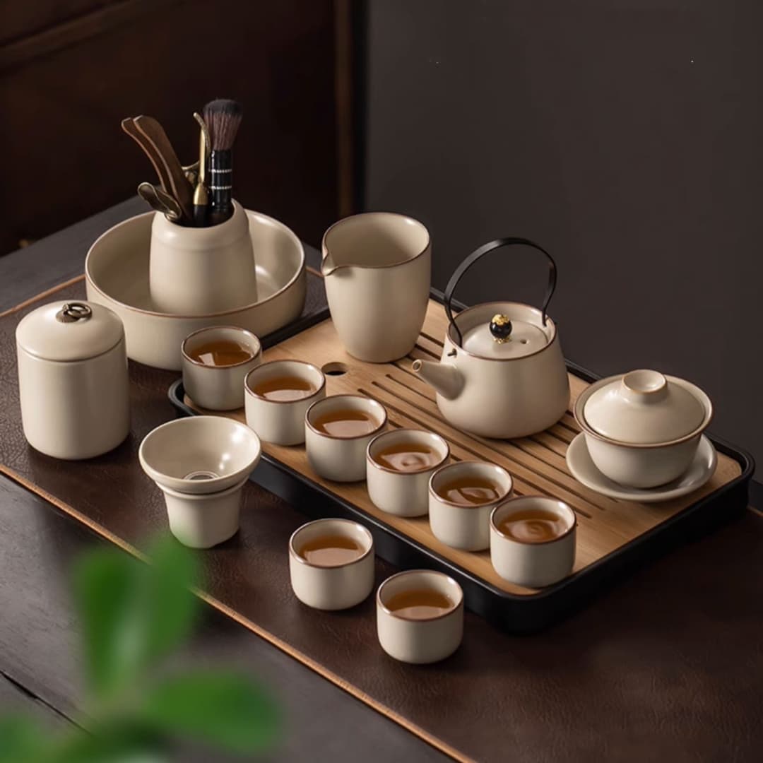 Juego de té Kung Fu en cerámica Ru con bandeja de madera