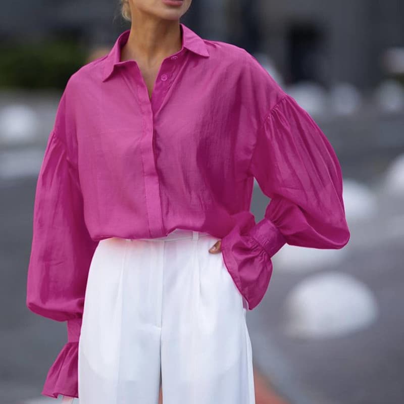 Camisa suelta de solapa y manga larga para mujer