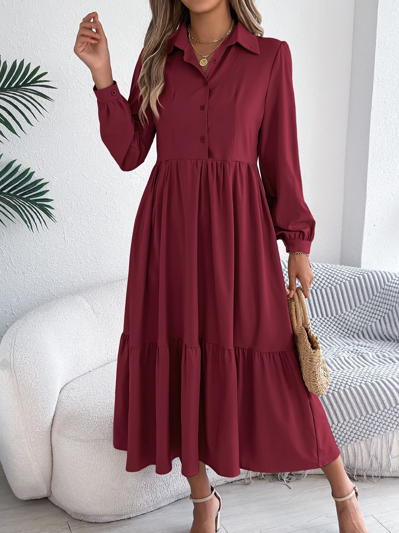 Vestido blusa con cuello solapa y manga larga fruncida