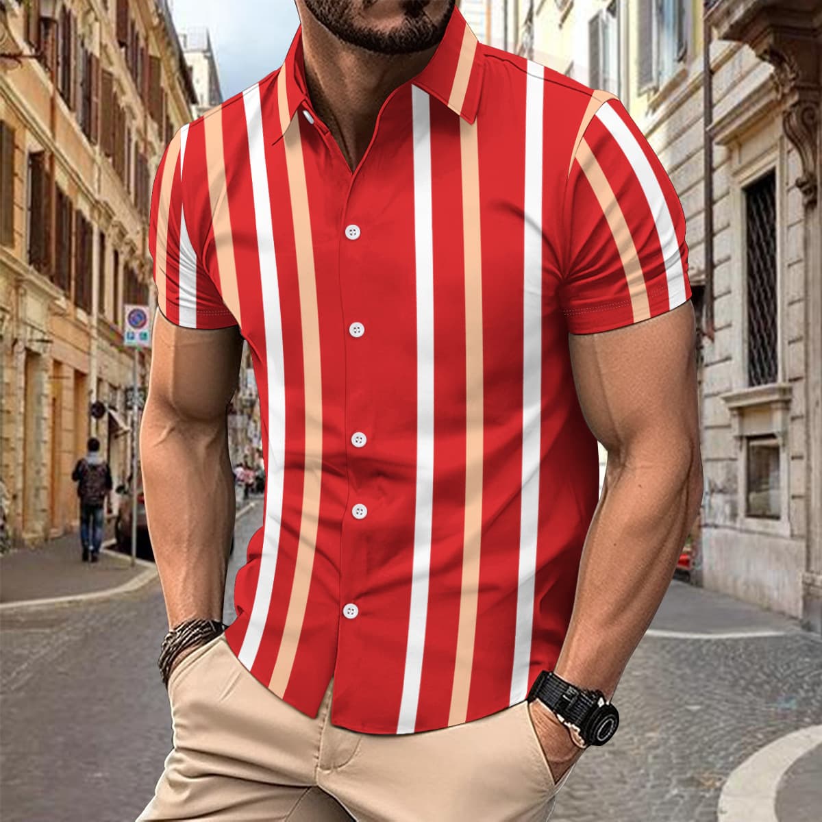 Camisa casual rayada con botones para hombre