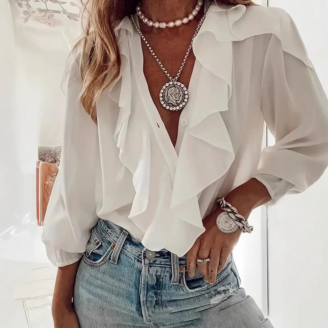 Blusa con volantes cuello en V manga larga