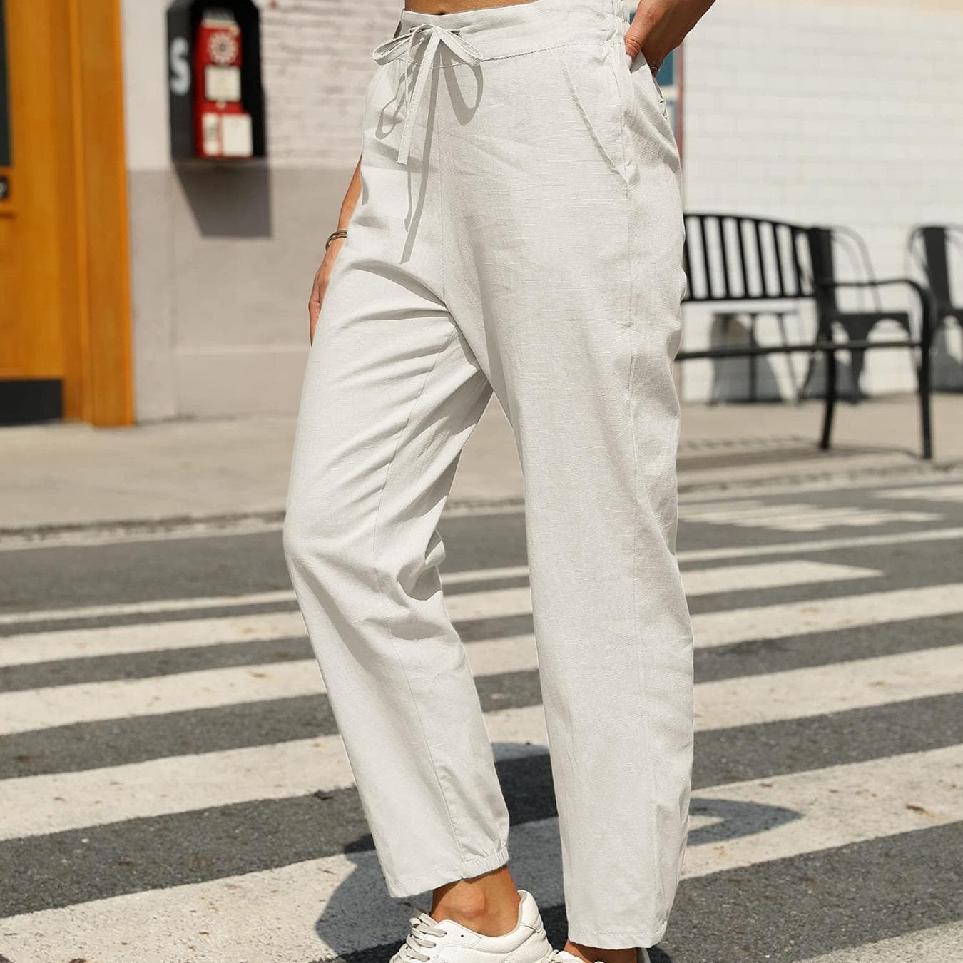 Pantalones casuales de algodón y lino para mujer