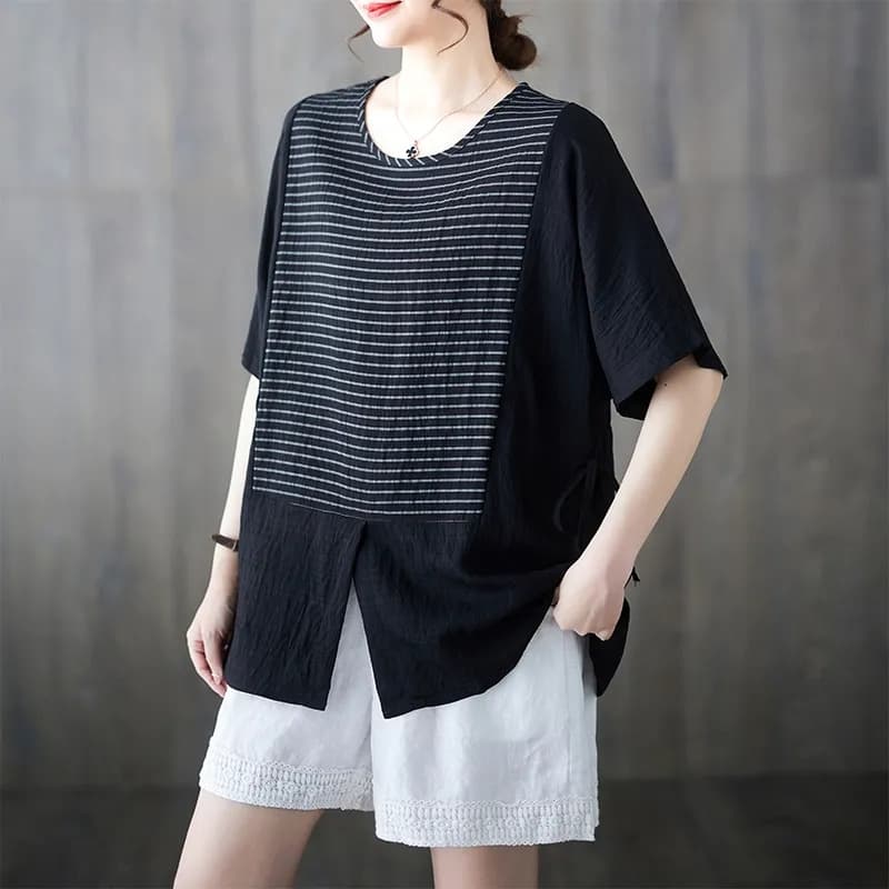 Camiseta suelta de algodón y lino con costura a rayas
