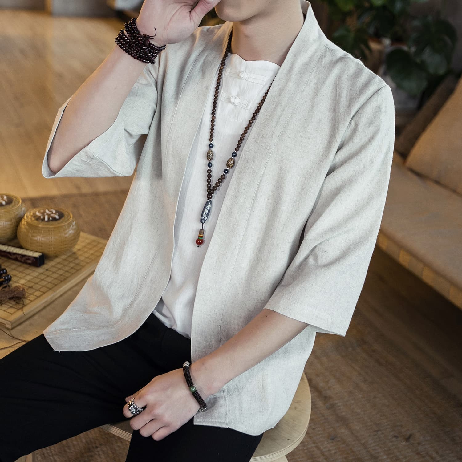 Camisa estilo chino algodón linen manga siete puntos
