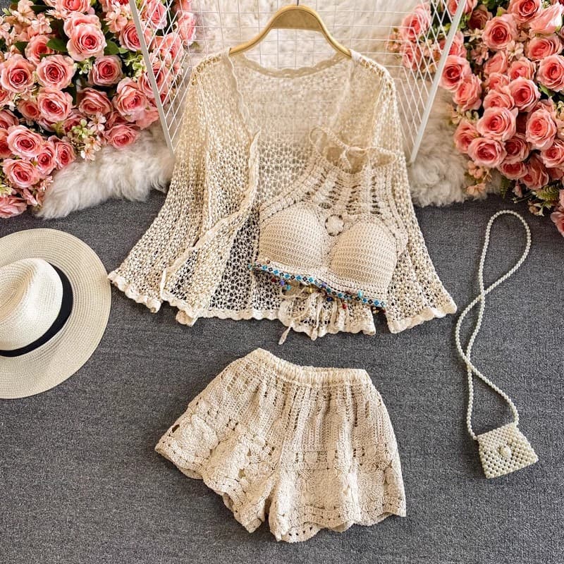 Conjunto playa cardigan shorts crochet, manga larga