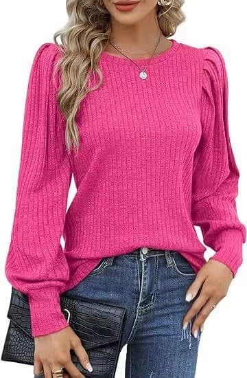Camiseta manga larga con hombros abullonados cuello redondo