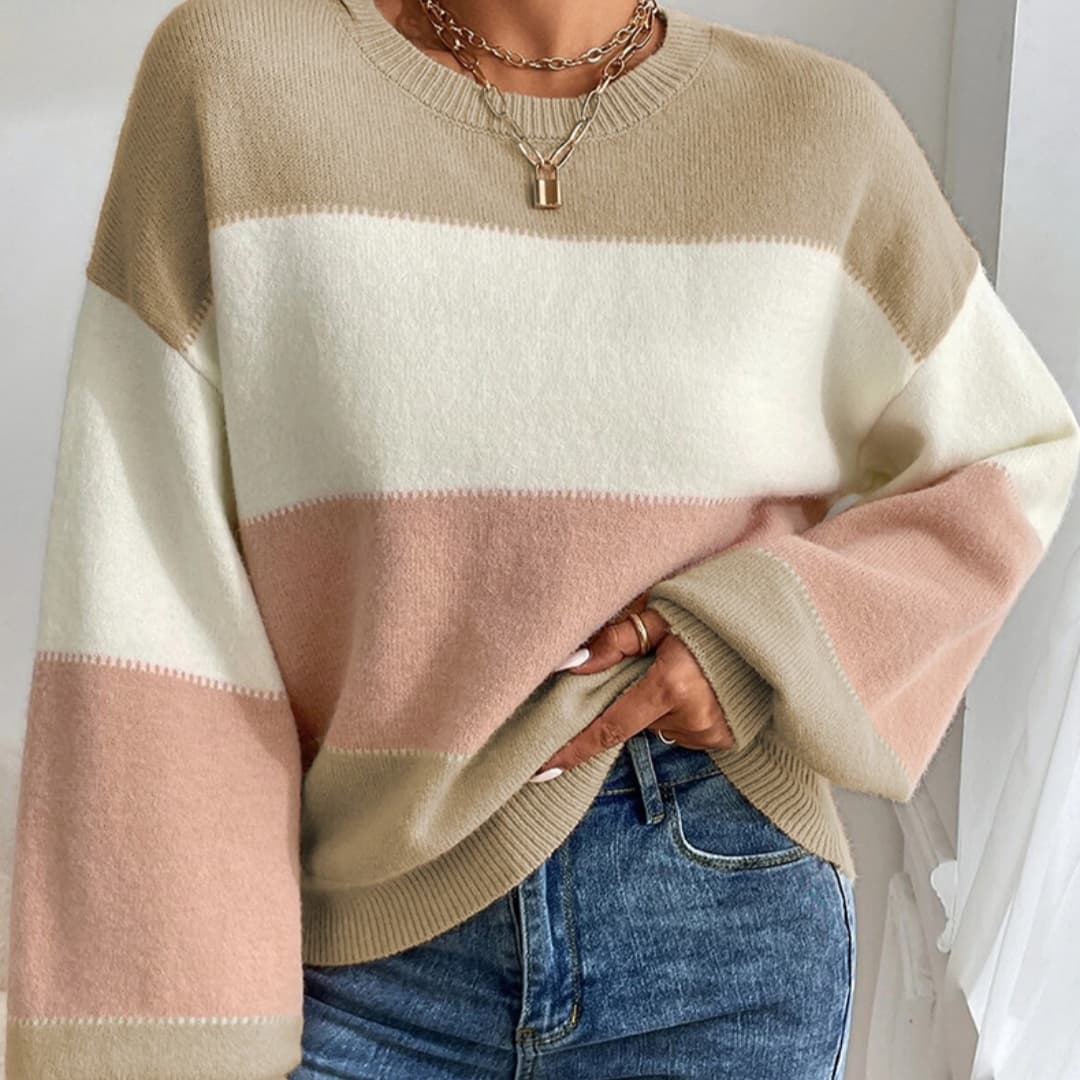 Suéter color block cuello redondo, manga farol para mujer