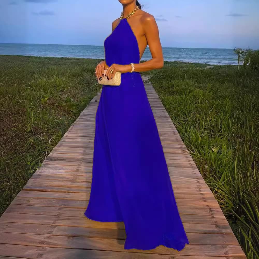 Vestido halter largo con falda amplia y espalda descubierta