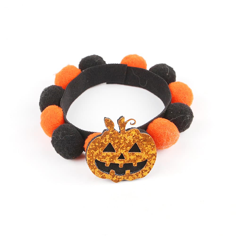 Collar de mascota pompón Halloween con diseño calabaza