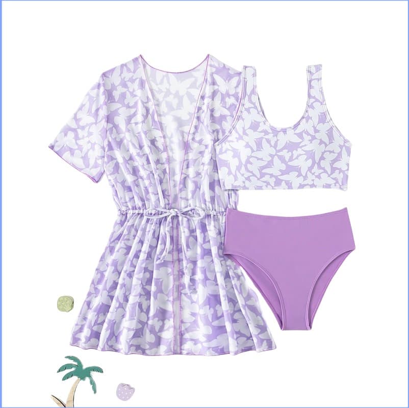 Traje de baño de tres piezas con estampado para niña