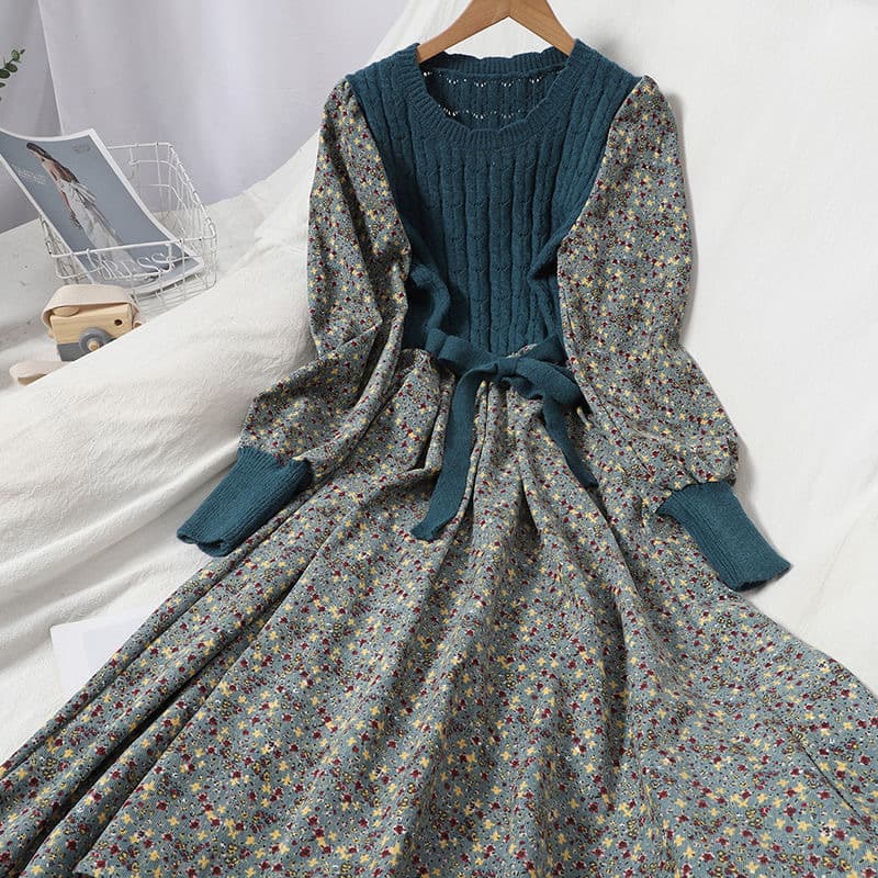 Vestido tejido patchwork floral retro manga larga