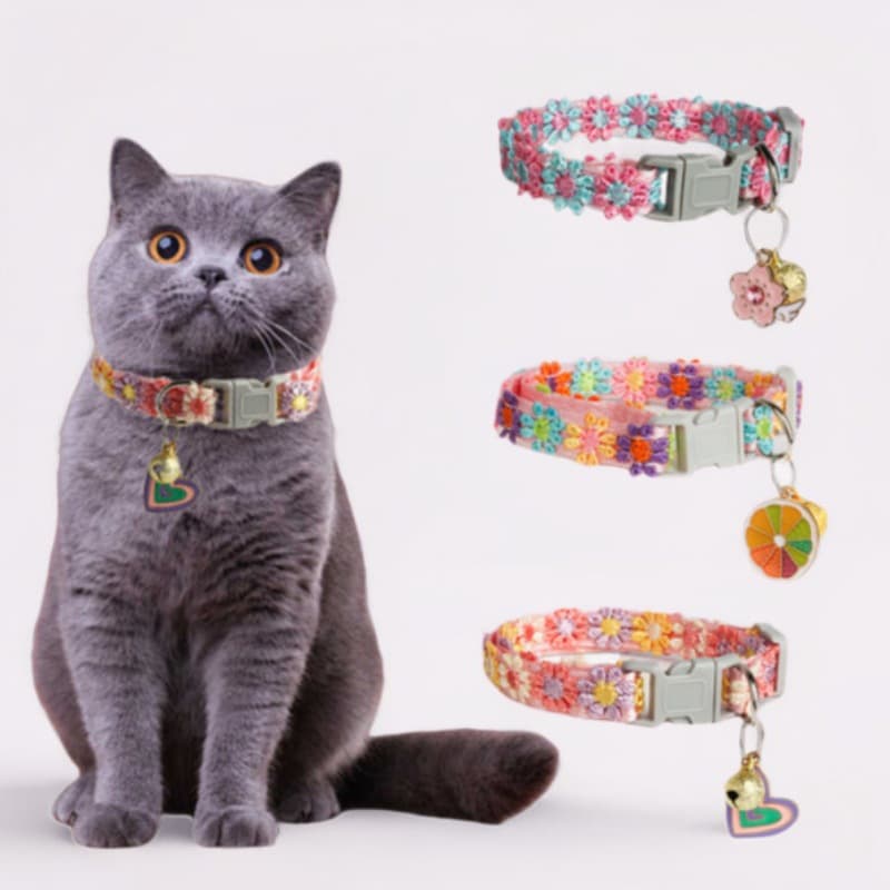 Collar para gato con encaje bordado y cascabel