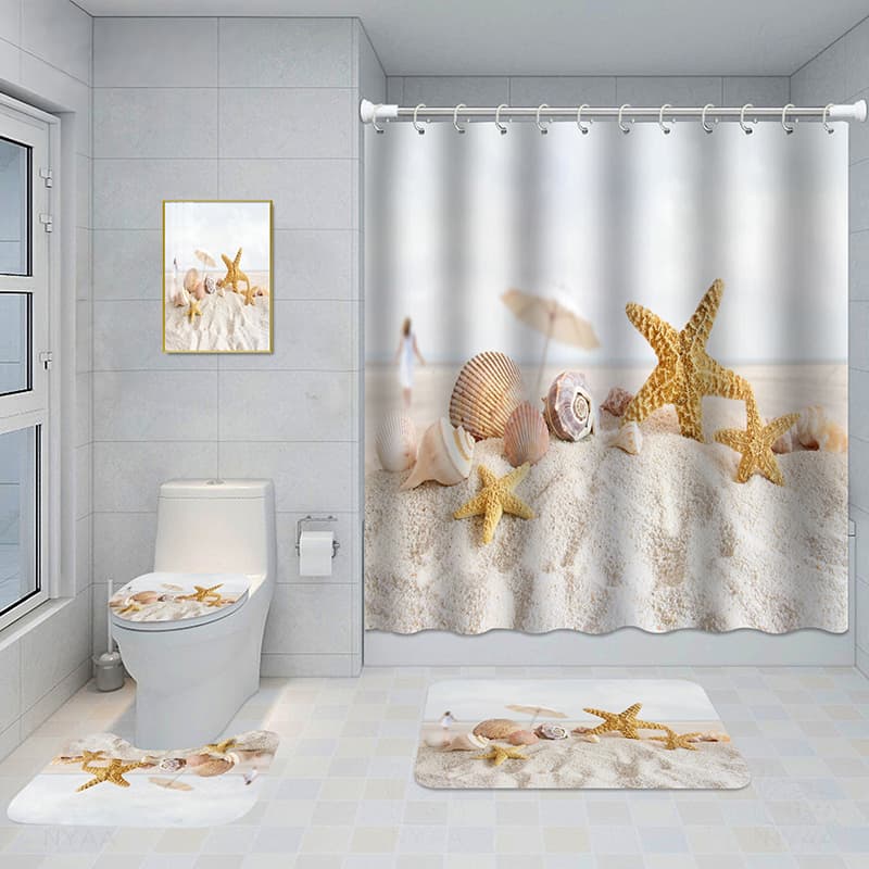 Juego de baño 5 piezas con cortina de ducha y alfombras