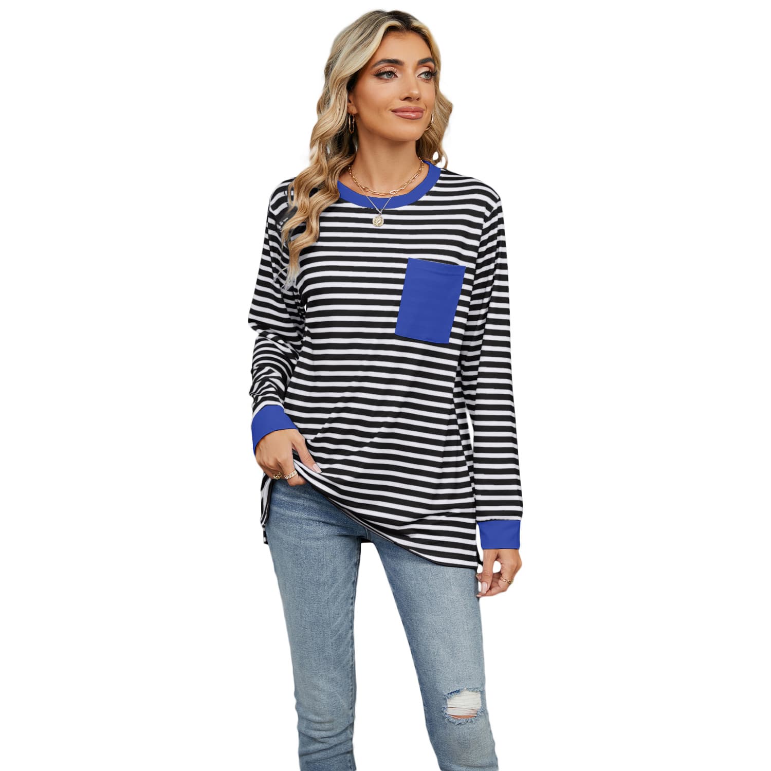 Camiseta de manga larga con cuello redondo y bolsillo