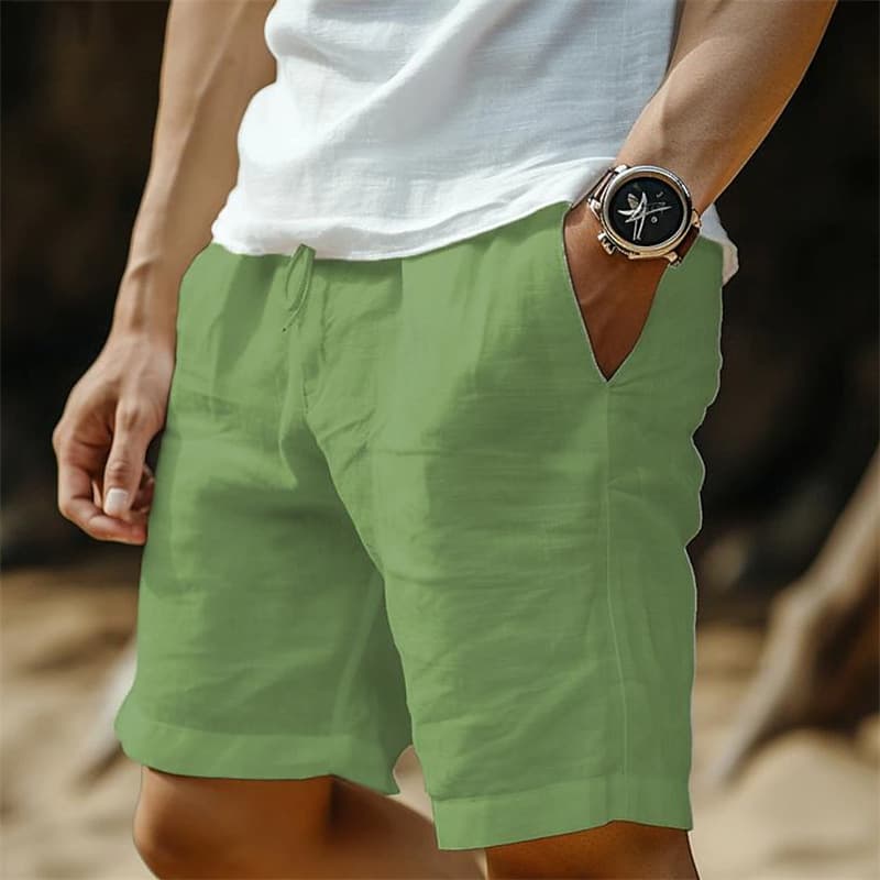 Shorts hombre algodón lino, cintura elástica con bolsillos