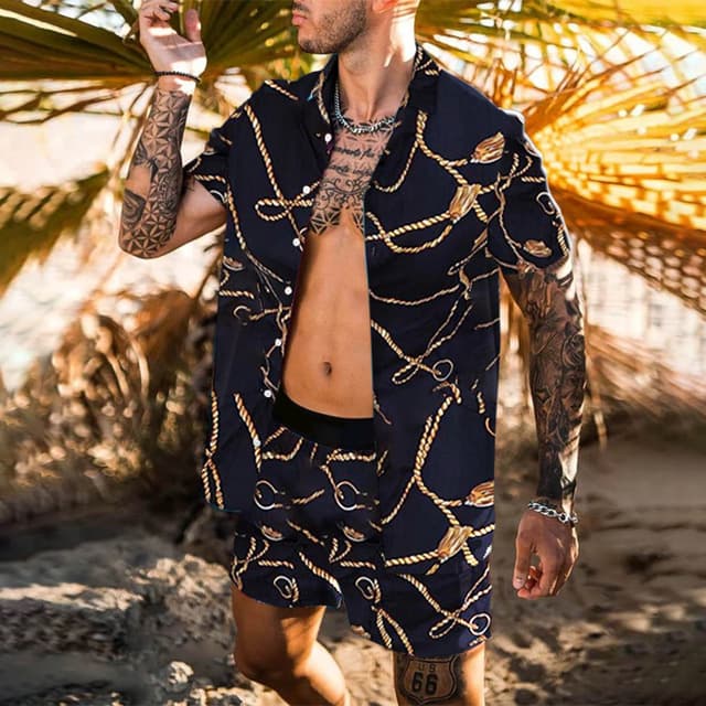 Conjunto de playa dos piezas hombre camisa floral y pantalones