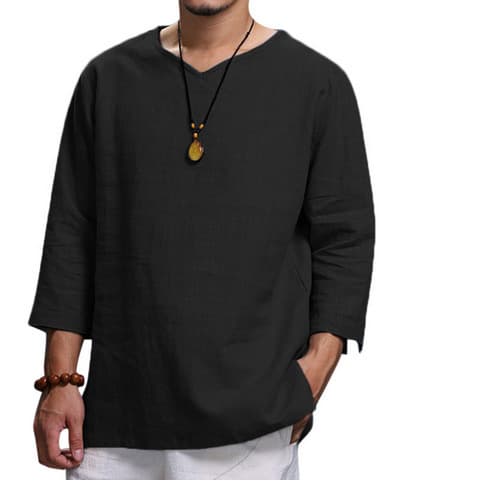 Camisa casual holgada de algodón y lino para hombre