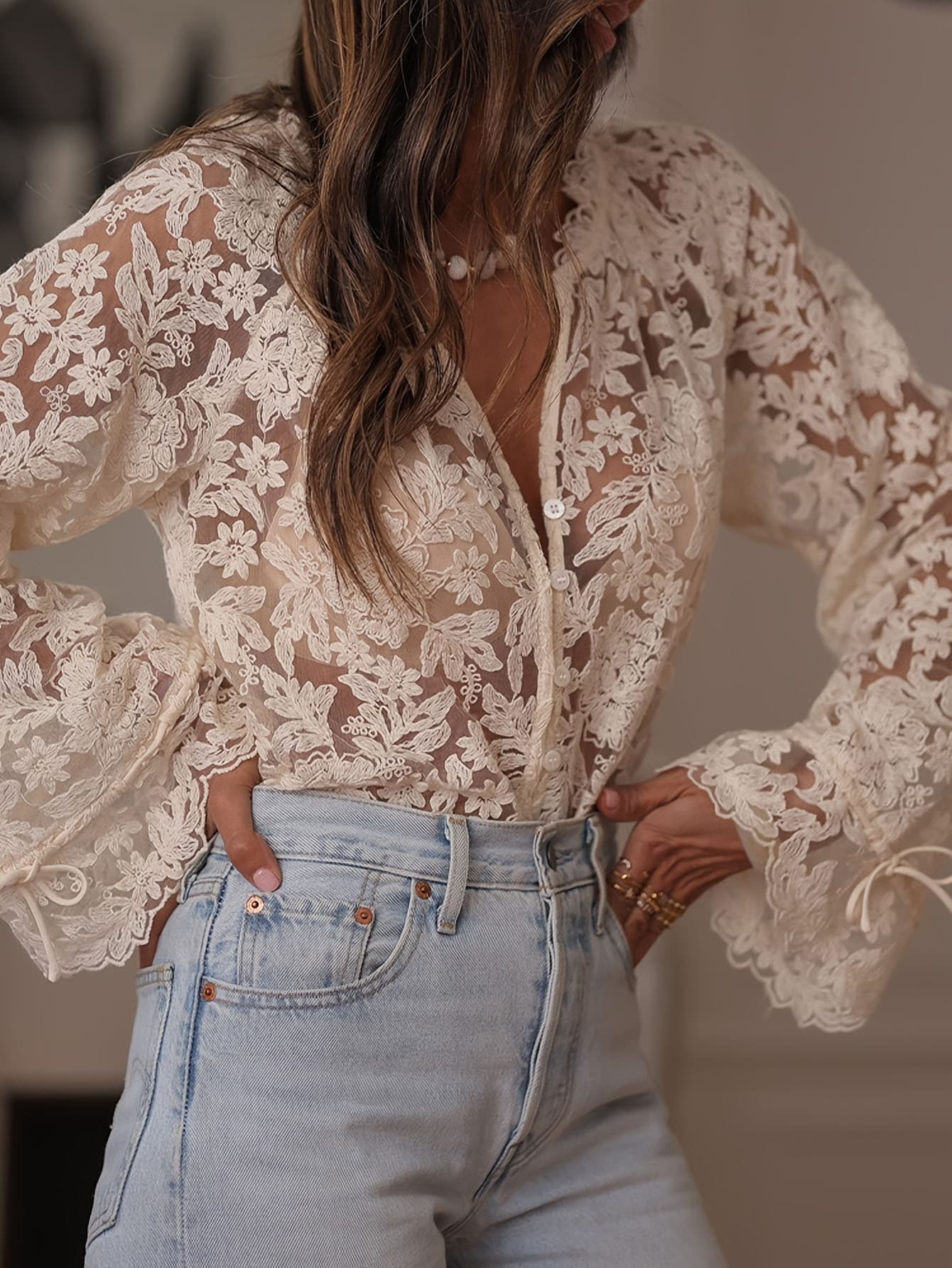 Blusa de encaje calado estilo coreano para mujer