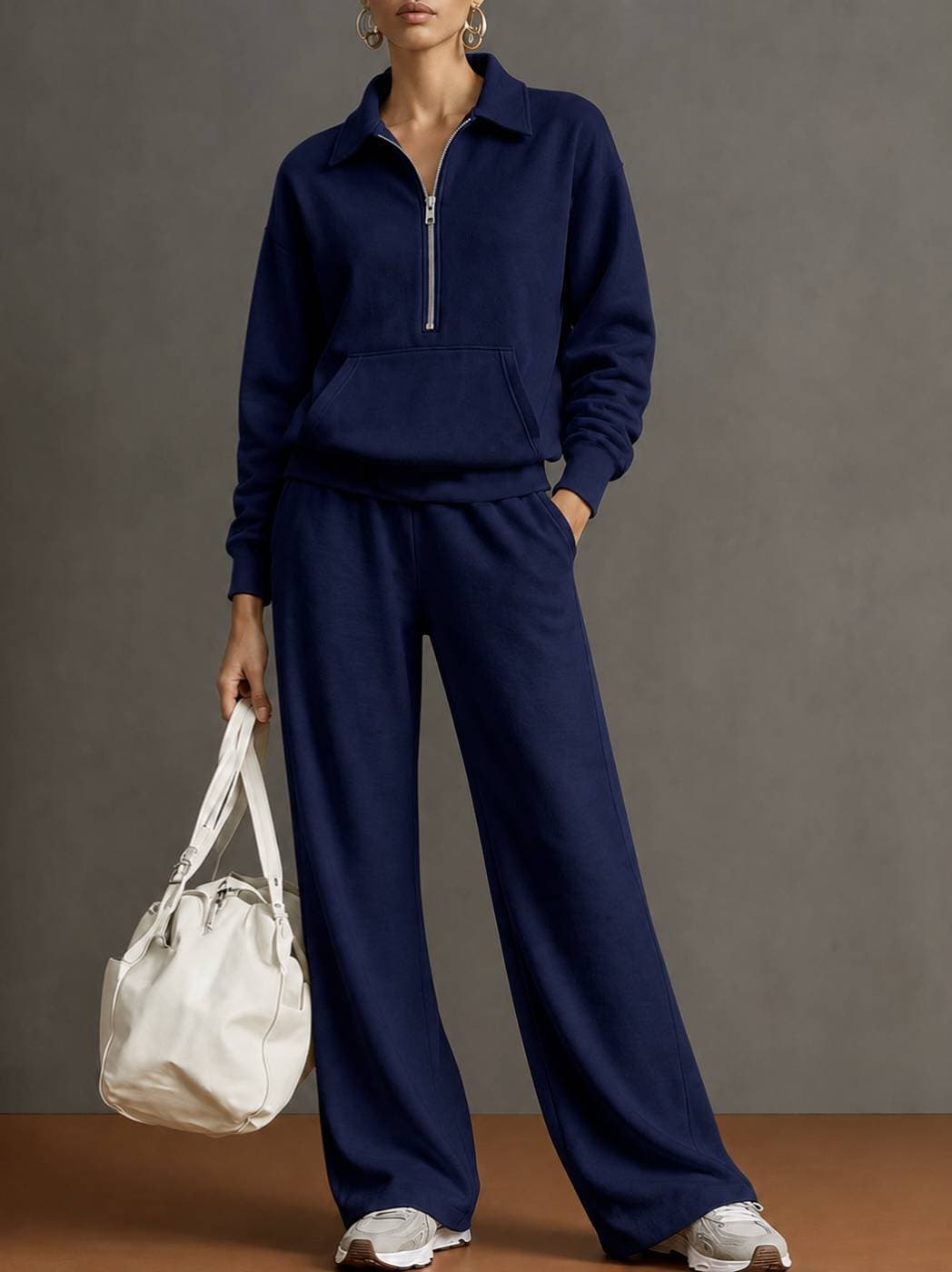 Conjunto de sudadera con media cremallera y pantalones anchos