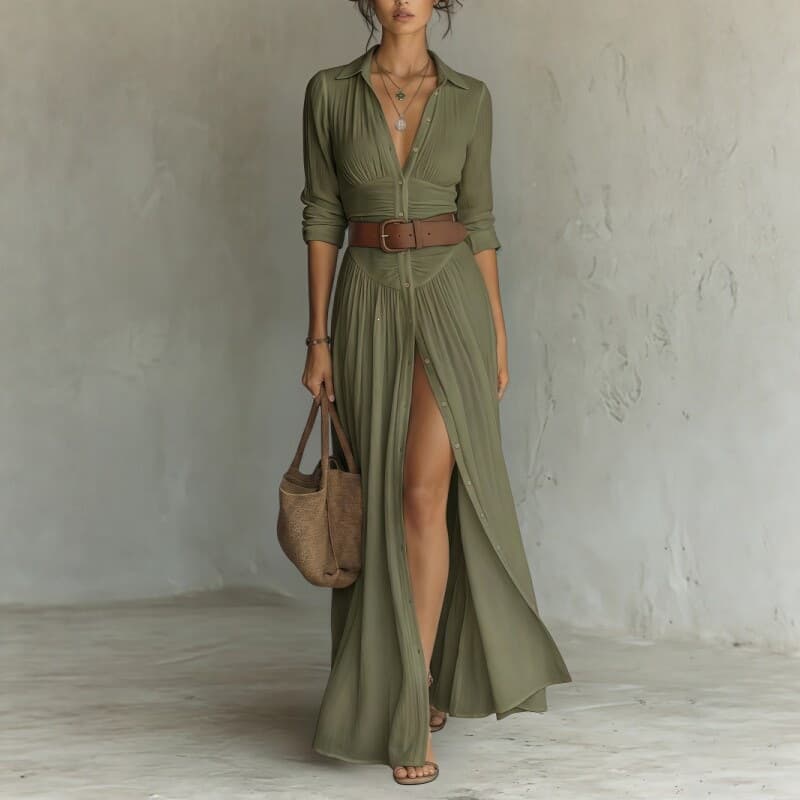 Vestido largo con cuello americano, manga larga y cinturón