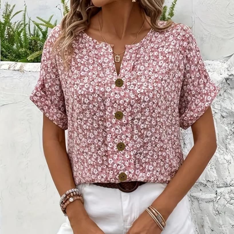 Camiseta con cuello V estampado de plantas