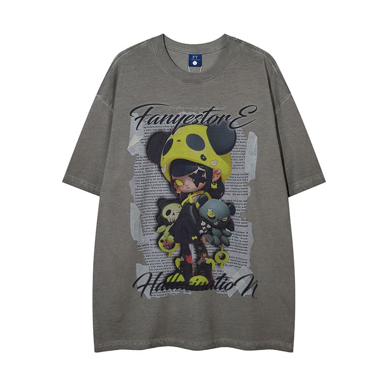 Camiseta hombre con diseño de caricatura distressed