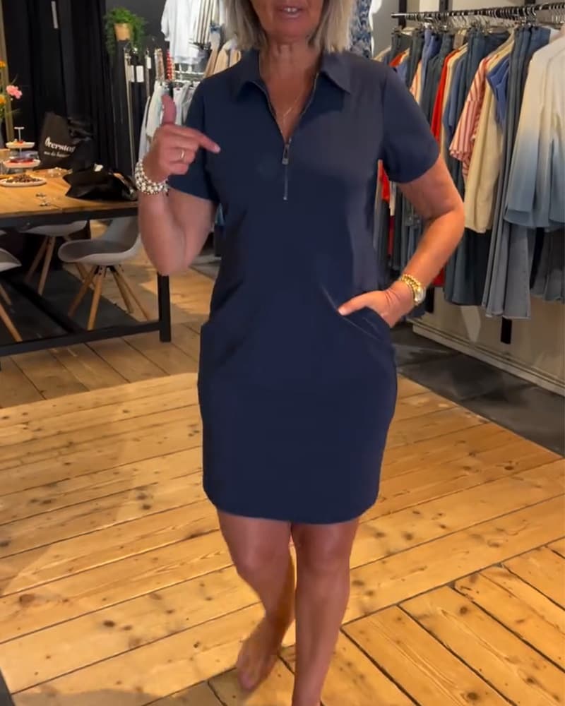 Vestido casual con solapa, manga corta y cierre