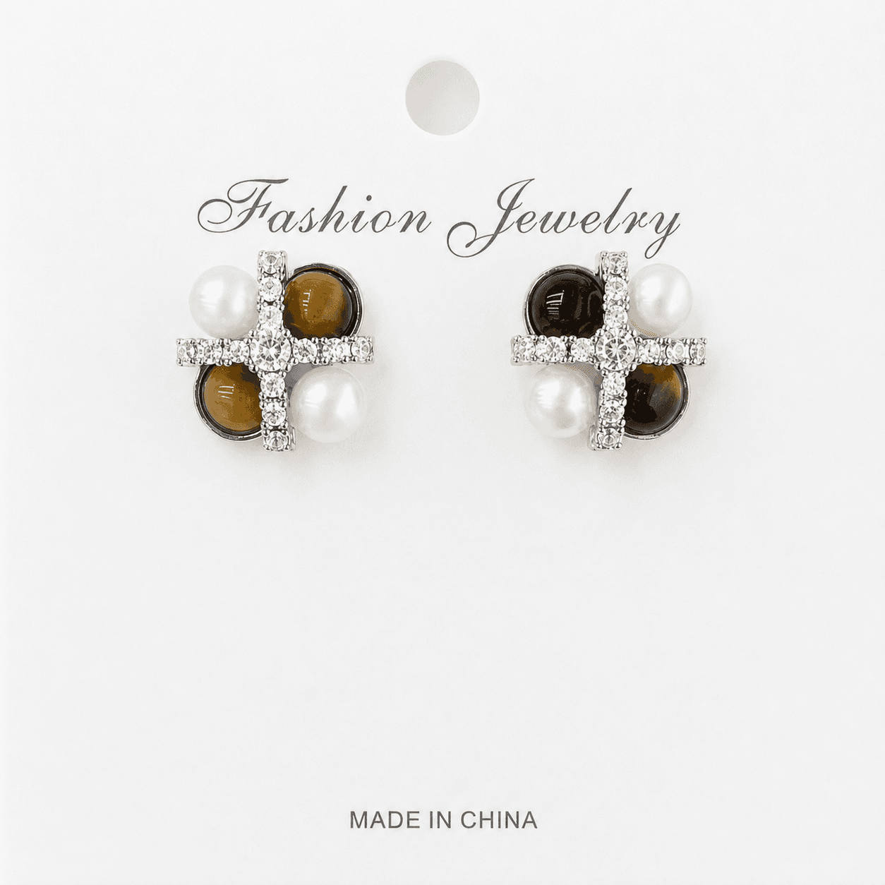 Aretes de perla con cruz y ojo de tigre