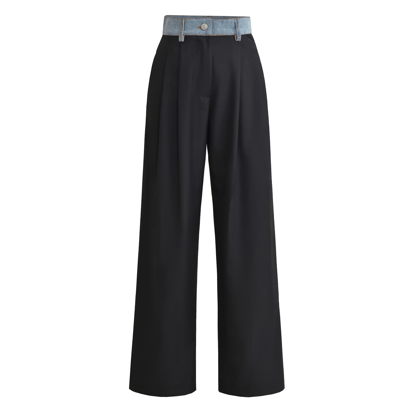Pantalón denim patchwork cintura alta corte recto