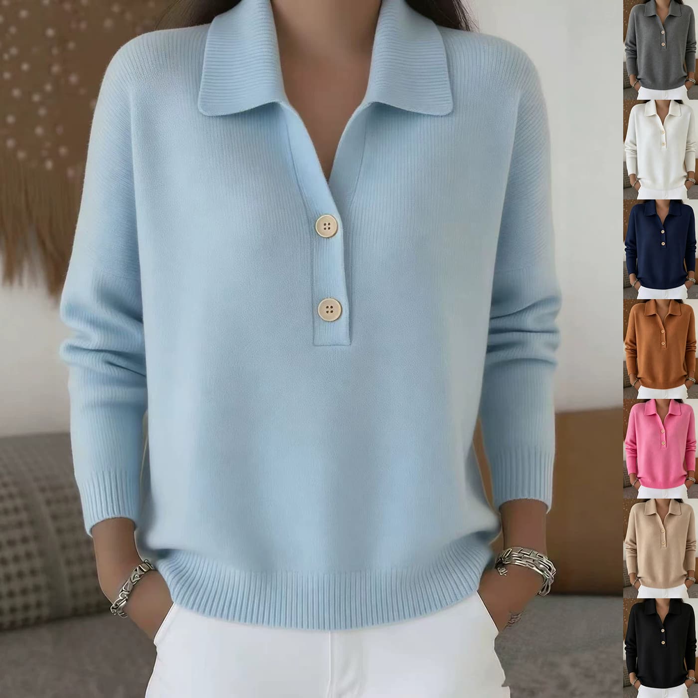 Suéter tejido con cuello de polo, botones y mangas largas