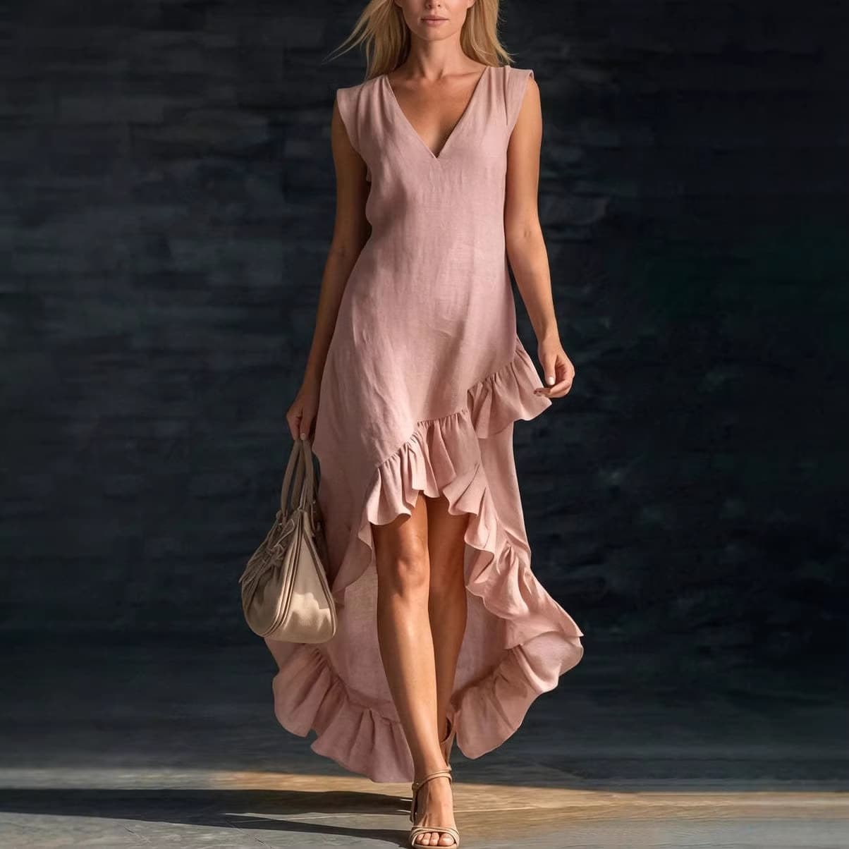 Vestido largo sin mangas cuello V con volantes