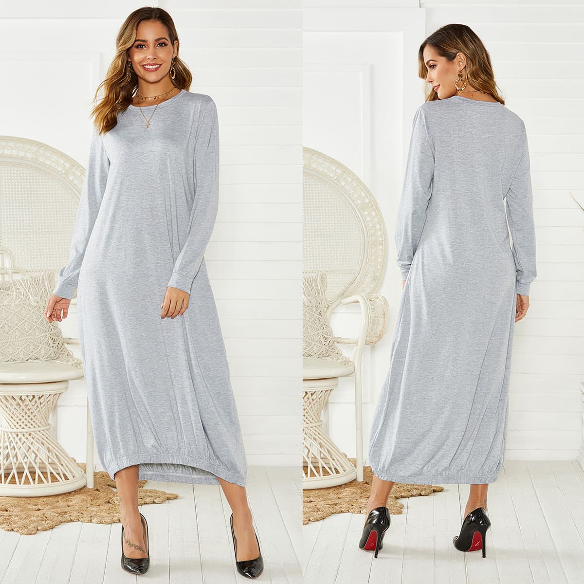 Vestido largo suelto estilo linterna con cuello redondo