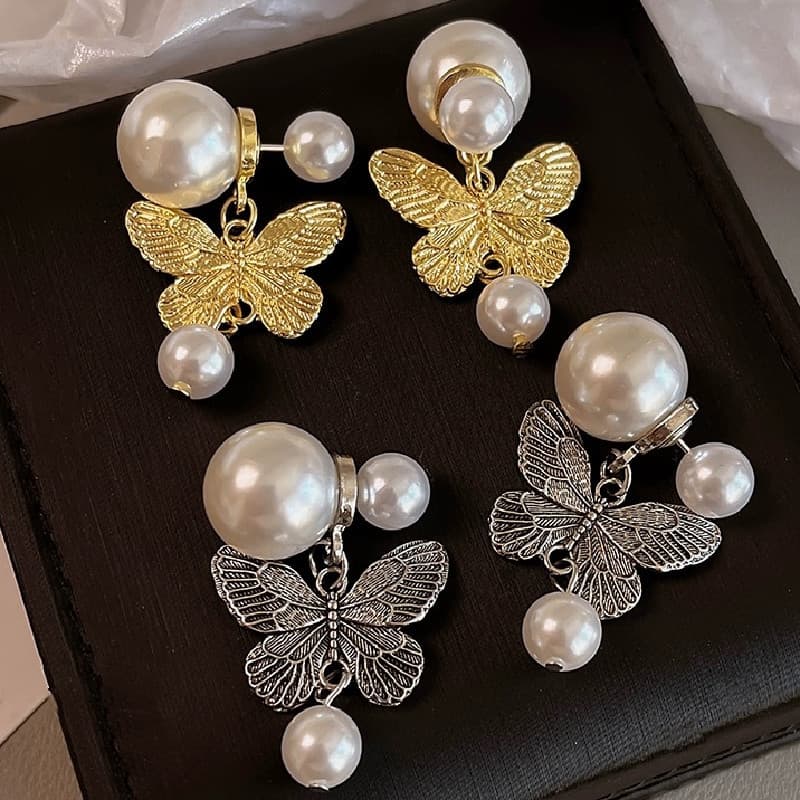 Aretes de mariposa con perla, estilo vintage, doble uso