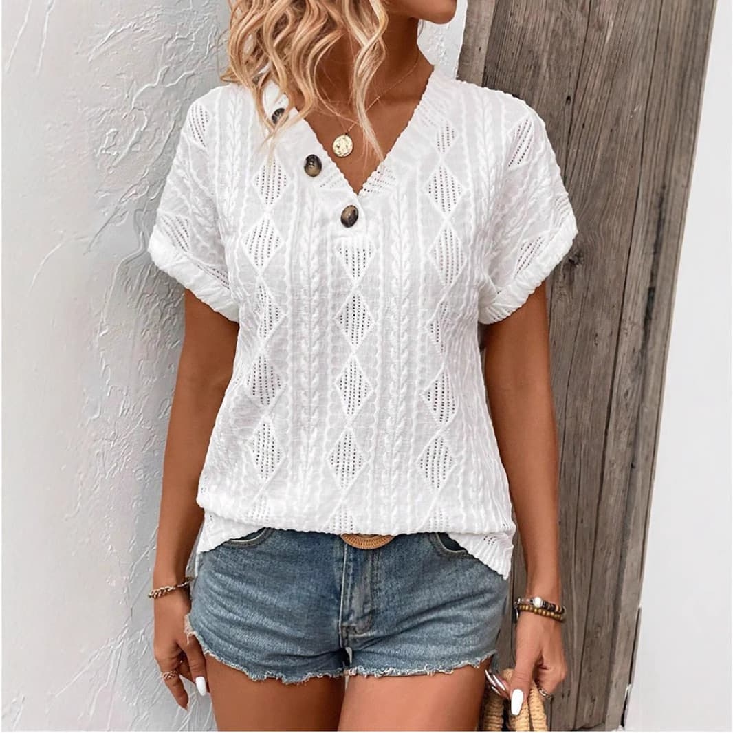Blusa cuello V jacquard con botones para primavera