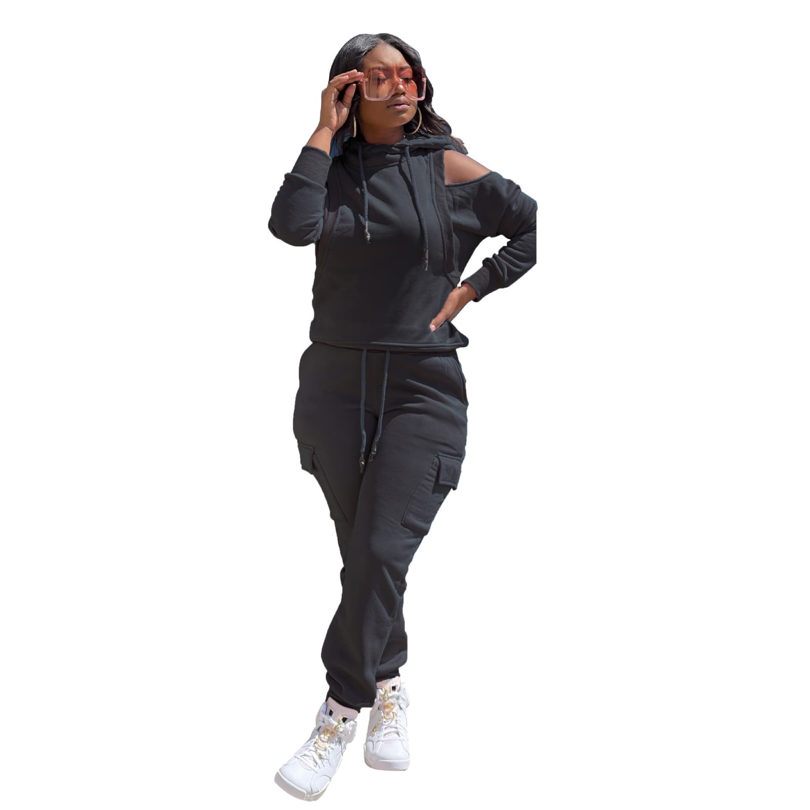 Conjunto deportivo sudadera y pantalón off-shoulder para invierno