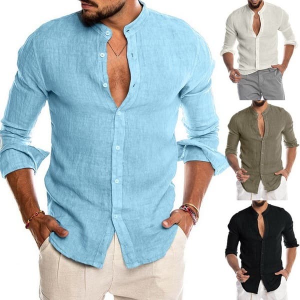 Cardigan de lino con cuello de pie, manga larga