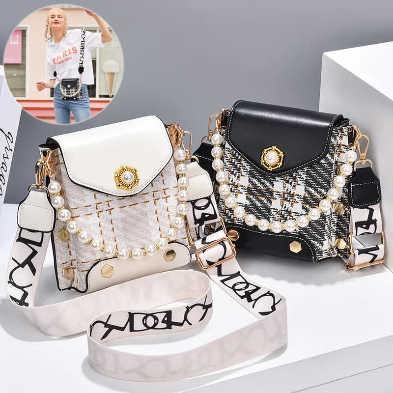 Bolsa de hombro para celular con diseño de perlas y cadena