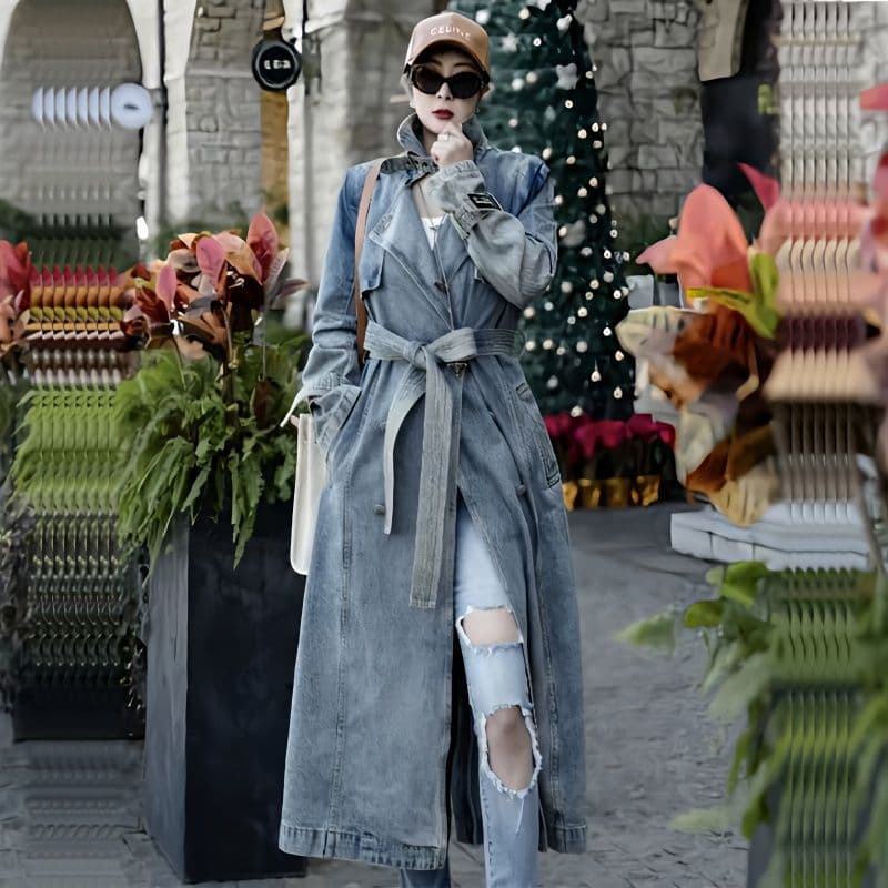 Gabardina denim retro de manga larga