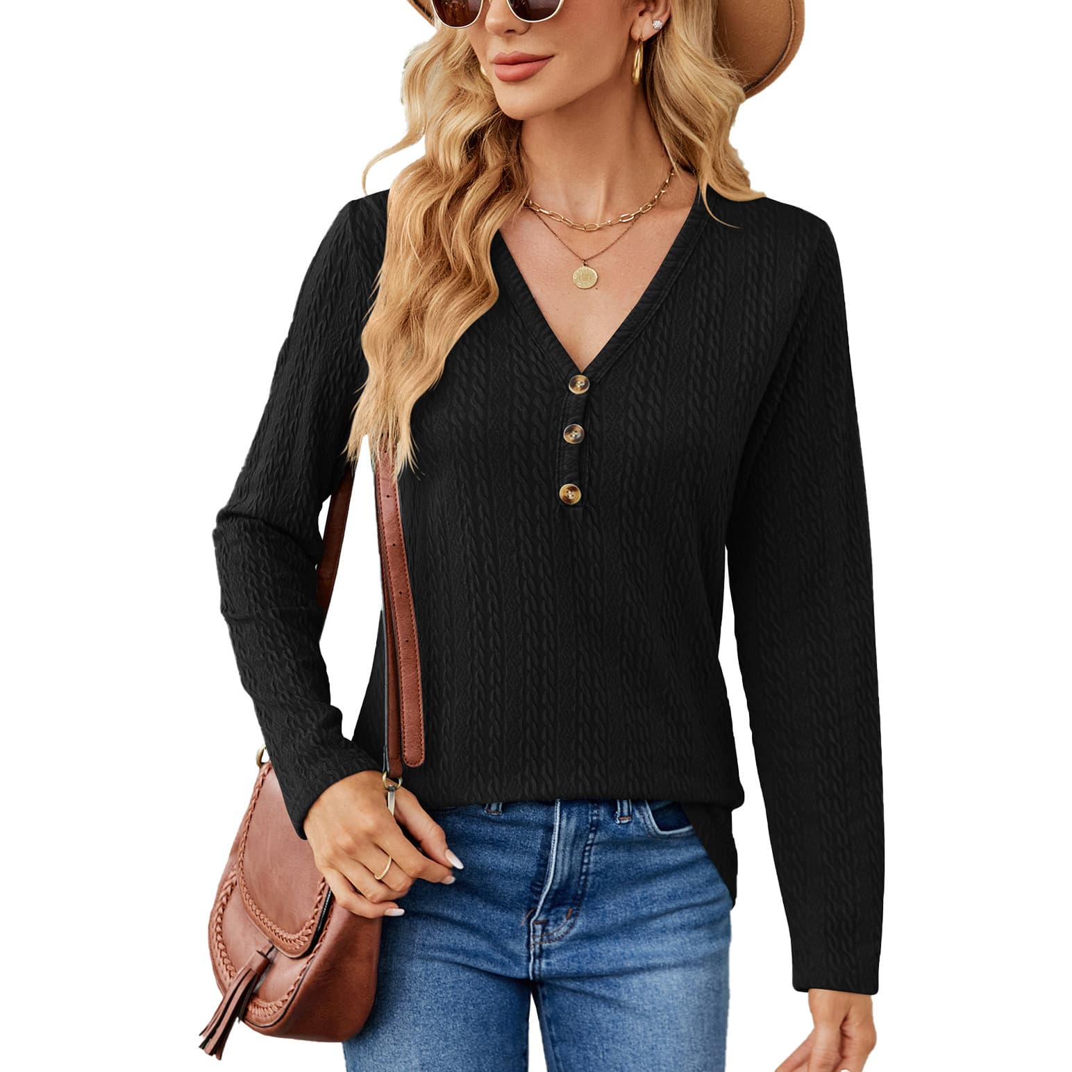 Blusa manga larga con cuello V y botones