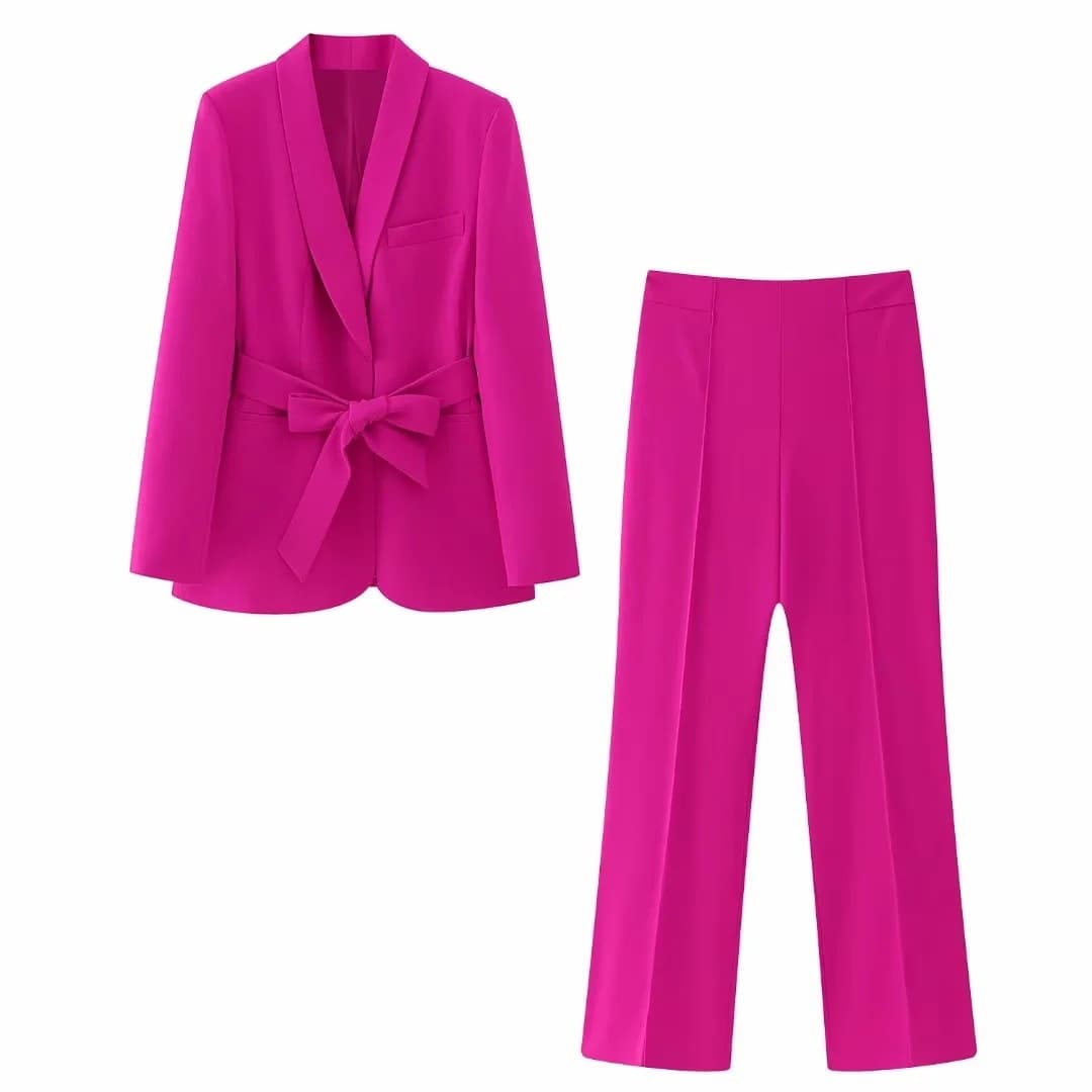 Traje de dos piezas estilo francés con cinturón para mujer