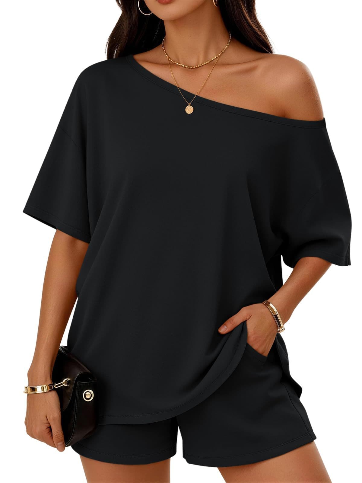 Conjunto casual de 2 piezas para mujer con top escote diagonal y shorts