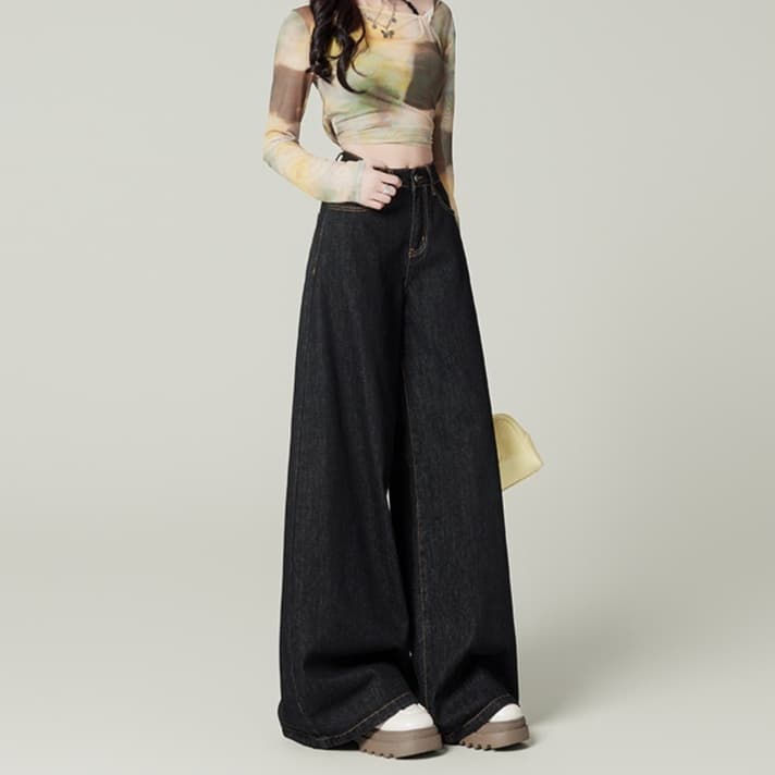 Pantalones de mezclilla ancho cintura alta, estilo retro azul