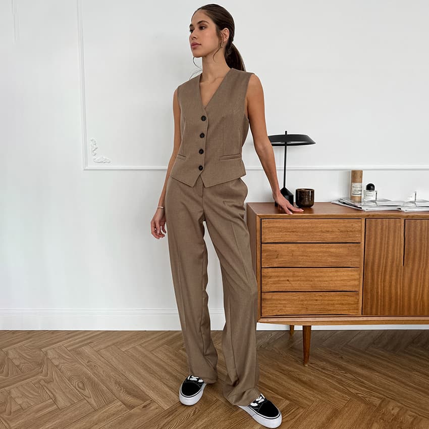 Conjunto elegante cuello en V color liso estilo francés
