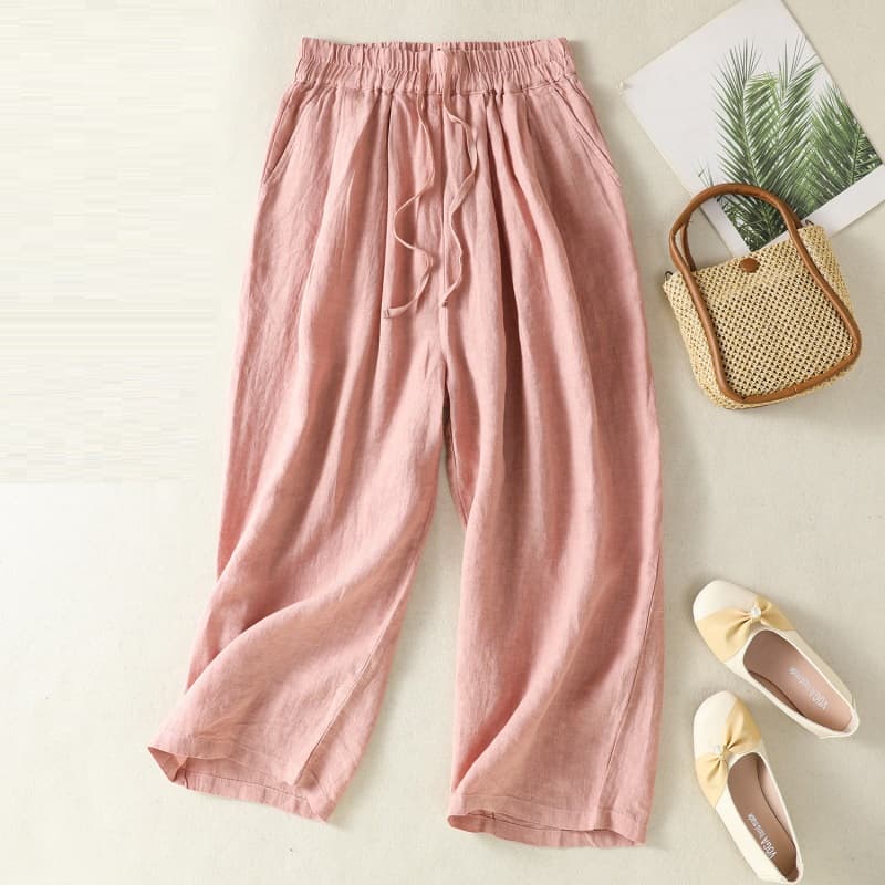 Pantalón cropped de algodón y lino, ancho, casual