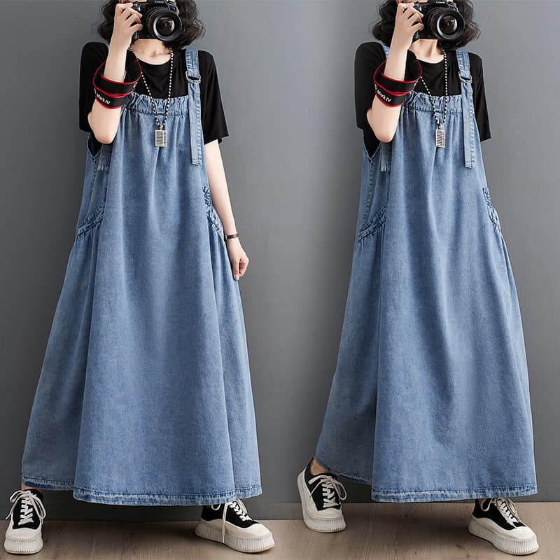 Falda larga de denim con tirantes ajustables